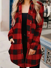 Load image into Gallery viewer, Deep Red Plaid Collared Neck Snap-Down Long Sleeve Jacket – Classic & Trendy Outerwear with Pockets