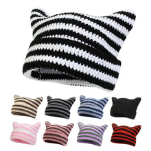Load image into Gallery viewer, Women’s Hand Knitted Striped Cat Hat – Cute Warm Winter Beanie