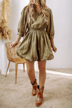 Load image into Gallery viewer, Elegant Green Sleeve Mini Dress Timeless Smocked Design Vintage Dress For Women