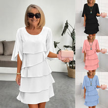 Load image into Gallery viewer, Patchwork Cake Midi Dress – Round Neck Short Sleeve Tiered Skirt