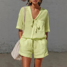 Load image into Gallery viewer, Women's Lace-Up Short-Sleeve Shirt & Loose Shorts Set – Casual Summer Co-Ord