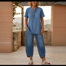 Load image into Gallery viewer, Women's Lapel Button-Up Top & Pants Two-Piece Set – Three-Quarter Sleeve