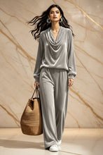 Load image into Gallery viewer, Women's Gold Velvet Cowl Neck Drop-Shoulder Top & Wide-Leg Pants Set – 8 Colors
