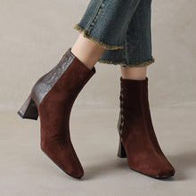 Load image into Gallery viewer, Women's Sheepskin Square Toe Chunky Heel Ankle Boots – Korean Patchwork Style