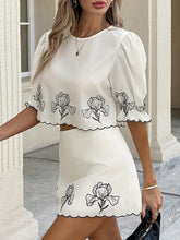 Load image into Gallery viewer, Women's Floral Embroidered Two-Piece Set – Crop Top & Mini Skirt with Scalloped Hem