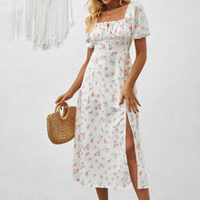 Load image into Gallery viewer, Square Neck Floral Print Dress With Puff Sleeves & Side Slit Maxi Dress