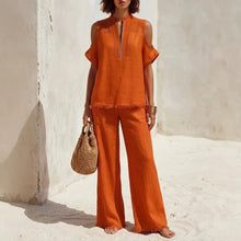 Load image into Gallery viewer, Women's Off-Shoulder Short-Sleeve Linen Blend Pantsuit Set