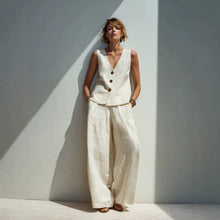 Load image into Gallery viewer, Linen Blend V-Neck Buttoned Vest & High-Waist Wide-Leg Pants Set – 5 Colors S–3XL