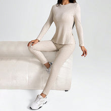 Load image into Gallery viewer, Women’s Ribbed Knit Long‑Sleeve Tee & Pants Lounge Set