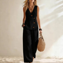 Load image into Gallery viewer, Women's Button-Up Cardigan Vest & Pants Set – Sleeveless Two-Piece