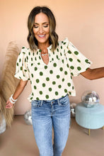 Load image into Gallery viewer, Black Polka Dot Print Smocked Notched Neck Balloon Sleeve Blouse