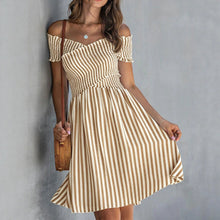 Load image into Gallery viewer, Women's Off-Shoulder Striped Waist-Cinching Midi Dress