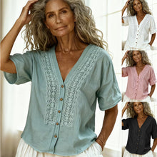 Load image into Gallery viewer, Women's Loose-Fit Faux Linen Embroidered Button-Up Top