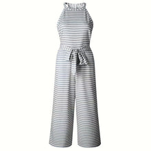 Load image into Gallery viewer, Women's Striped Halter Neck Jumpsuit with Self-Tie Belt & Wide-Leg Crop