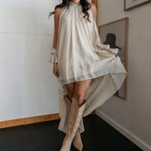 Load image into Gallery viewer, High Neck Asymmetric Maxi Chiffon Dress – Loose Fit Long Sleeve