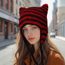 Load image into Gallery viewer, Women’s Hand Knitted Striped Cat Hat – Cute Warm Winter Beanie