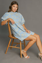 Load image into Gallery viewer, Floral Blue Jacquard Puff Sleeve Mini Dress Elegant Vintage-Inspired Dress for Women