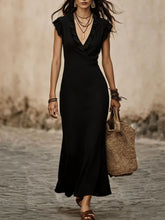 Load image into Gallery viewer, Women's V-Neck Cotton-Linen Flutter-Sleeve Ruffle-Trim Midi Dress