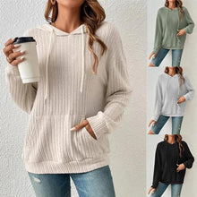 Load image into Gallery viewer, Mandotos Womens Knit Hoodie Sweatshirt With Pockets Drawstring Long Sleeve Solid Sunken Stripe Knitwear