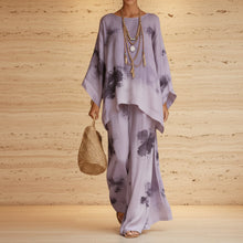 Load image into Gallery viewer, Floral Print Bamboo Linen Two-Piece Set with Wide-Leg Pants