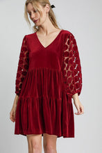 Load image into Gallery viewer, Dotted Lace Sleeve Tiered Velvet Mini Dress For Women – Vintage Lace Dress, Tiered Velvet Dress, Elegant Party Dress, Whimsical Lace Sleeve Dress, Chic Mini Dress