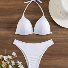 Load image into Gallery viewer, Bikini Rib Knit Solid Color Triangle 2 Piece Swimsuit for Women – Adjustable Tie Back Halter Bikini Set with Spaghetti Straps – High Stretch Polyester Swimwear for Summer Beachwear Poolside Relaxation and Tropical Vacation