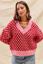 Load image into Gallery viewer, SO ME Color Block Textured Christmas Sweater V Neck Top