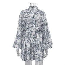 Load image into Gallery viewer, Ink Print Long Sleeve Short Dress With Fashion Puffy Sleeve Lapel Tie A-Line Dress Clothing