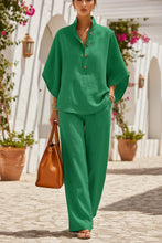 Load image into Gallery viewer, Women's Linen-Look Stand Collar Batwing Top & Wide-Leg Pants Set