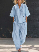 Load image into Gallery viewer, V-Neck Short Sleeve Top & High-Waist Trousers Two-Piece Set