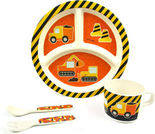 Load image into Gallery viewer, 🚧 Construction Trucks 4-Piece Kids Dinnerware Set – Eco-Friendly, Biodegradable Plant Fiber Plate, Cup, Fork & Spoon – BPA-Free, Microwave & Dishwasher Safe – Gift Boxed for Toddlers & Boys