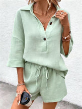Load image into Gallery viewer, Women's Notch-Lapel Short-Sleeve Top & Belted Shorts Two-Piece Set