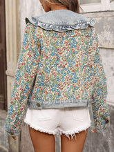 Load image into Gallery viewer, Women's Jacquard Denim Jacket | Ruffled Peter Pan Collar Long-Sleeve Short Jacket in Blue | S–XXL