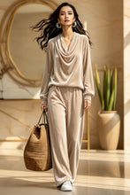 Load image into Gallery viewer, Women's Gold Velvet Cowl Neck Drop-Shoulder Top & Wide-Leg Pants Set – 8 Colors