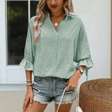 Load image into Gallery viewer, Women’s Striped V‑Neck Blouse with Ruffled Cuffs & Tie‑Back Slit