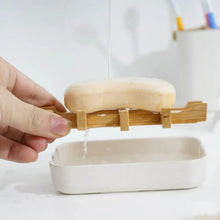 Load image into Gallery viewer, Bamboo Fiber Shower Soap Holder Draining Box Kitchen Storage Rack Bathroom Soap Case Supplies Portable Bar Soap Box Container Bamboo Self-Draining Soap Box And Soap Saver Pouch Soap Holder for Shower Bathroom Kitchen Bathtub Bar Sink White and Black