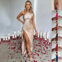 Load image into Gallery viewer, Sexy One-shoulder Backless Slit Dress Summer Elegant Slim-fit Solid Color Satin Dresses For Women