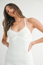 Load image into Gallery viewer, Crochet Crisscross Spaghetti Strap Mini Dress For Summer – Bohemian Crochet Dress, Trendy Crisscross Spaghetti Strap Dress, Flattering, Beach Day Mini Dress, Free-Spirited Summer Dress