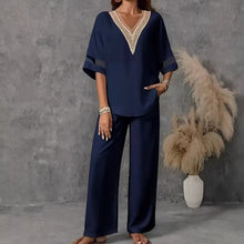 Load image into Gallery viewer, Women's Embroidered V-Neck Top & Wide-Leg Pants Set | Two-Piece Outfit