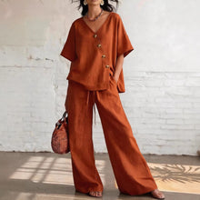 Load image into Gallery viewer, Women's Loose Cotton-Linen V-Neck Top & Wide-Leg Pants Set