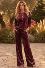 Load image into Gallery viewer, Women's Velvet Two-Piece Lounge Set – Round Neck Top & Wide-Leg Pants