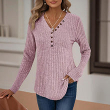 Load image into Gallery viewer, Women's Solid Color Button V-Neck Long Sleeve Knit Top