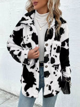Load image into Gallery viewer, Trendy Black White Cozy Cow Print Collared Neck Button Up Fuzzy Jacket Modern & Warm Outerwear