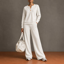 Load image into Gallery viewer, Women's Single-Button Split-Neck Sweatshirt & Wide-Leg Pants Set