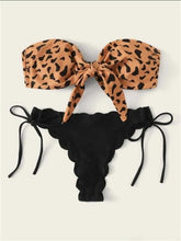 Load image into Gallery viewer, Beach Bikini Woman Lace Up Tie Strapless Leopard Swimsuit Women's Halter Bikini V Cut Bottom Lace Up Two Piece Swimsuits Female Push Up Ruffled Bow Bathing Suit Thong Swimwear