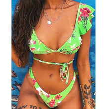 Load image into Gallery viewer, Beach Bikini Woman Lace Up Tie Strapless Leopard Swimsuit Women's Halter Bikini V Cut Bottom Lace Up Two Piece Swimsuits Female Push Up Ruffled Bow Bathing Suit Thong Swimwear