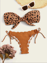Load image into Gallery viewer, Beach Bikini Woman Lace Up Tie Strapless Leopard Swimsuit Women's Halter Bikini V Cut Bottom Lace Up Two Piece Swimsuits Female Push Up Ruffled Bow Bathing Suit Thong Swimwear