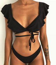 Load image into Gallery viewer, Beach Bikini Woman Lace Up Tie Strapless Leopard Swimsuit Women's Halter Bikini V Cut Bottom Lace Up Two Piece Swimsuits Female Push Up Ruffled Bow Bathing Suit Thong Swimwear