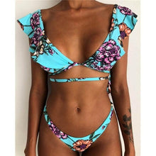 Load image into Gallery viewer, Beach Bikini Woman Lace Up Tie Strapless Leopard Swimsuit Women's Halter Bikini V Cut Bottom Lace Up Two Piece Swimsuits Female Push Up Ruffled Bow Bathing Suit Thong Swimwear