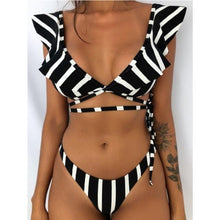 Load image into Gallery viewer, Beach Bikini Woman Lace Up Tie Strapless Leopard Swimsuit Women's Halter Bikini V Cut Bottom Lace Up Two Piece Swimsuits Female Push Up Ruffled Bow Bathing Suit Thong Swimwear